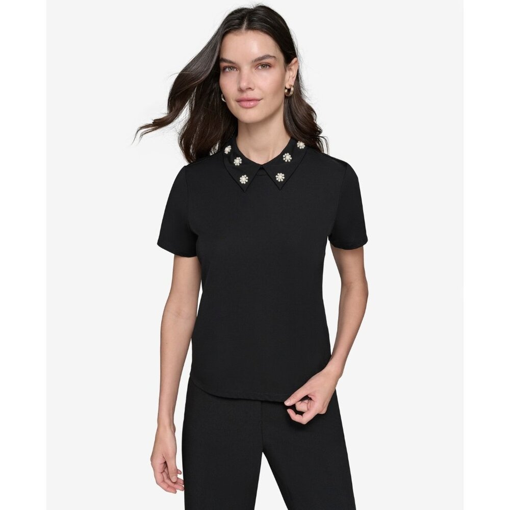 KARL LAGERFELD PARIS Women's Embellished Collar Ponté-Knit Top Black Size L $99